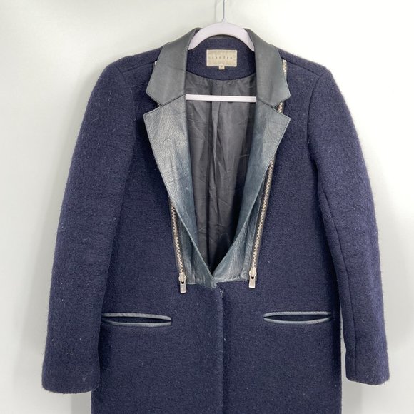 SANDRO Blue Wool Blend Coat Leather Zip Collar - Picture 6 of 8